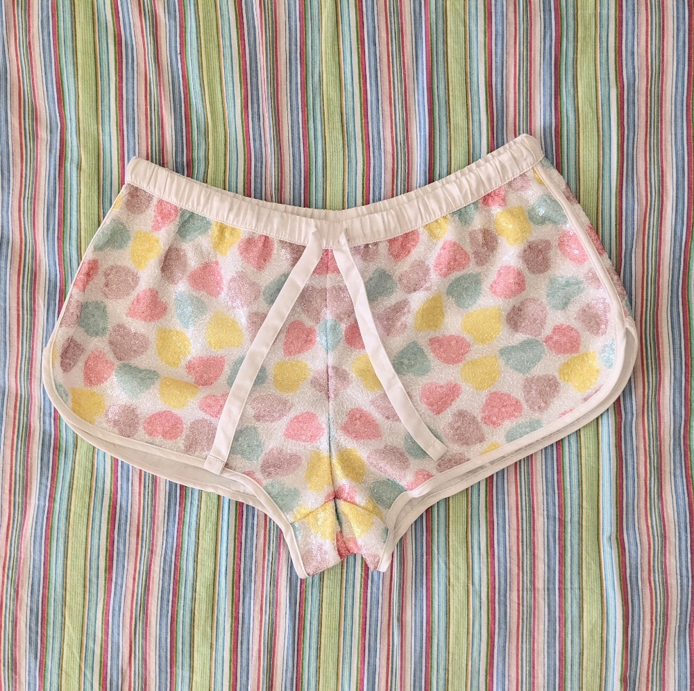 Pastel Heart Sequined Satin Shorts